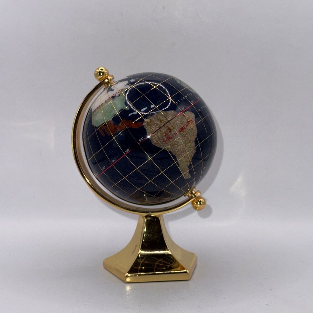 GLOBE Blue Lapis Semi Precious Inlaid Gemstones & Brass Stand Desktop 5.5 Inch.